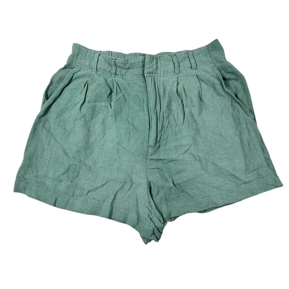 Z Supply Olive Green Linen Blend Shorts Sz XS Relaxed Pleated Stretch Waist